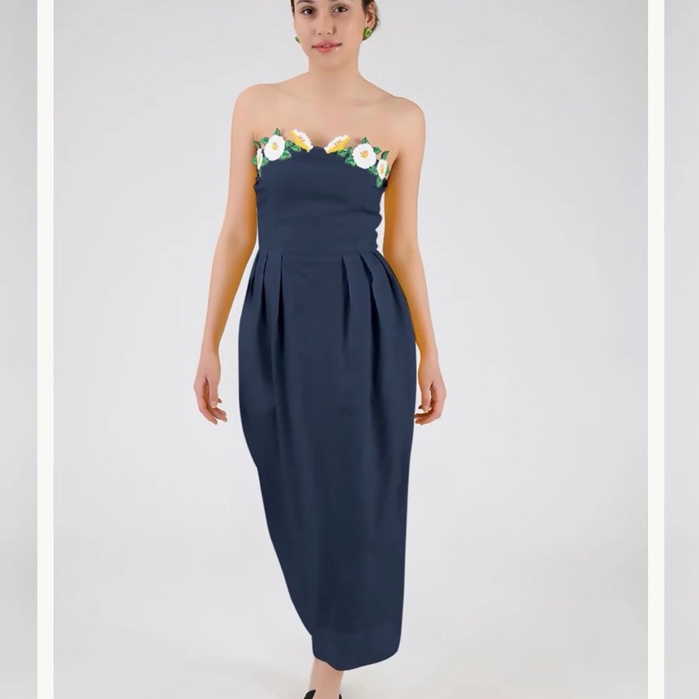 Navy Strapless Midi Dress with Floral Trim